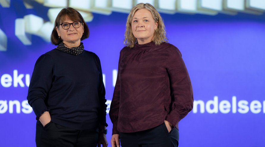Portrett av Anne-Mette Espe, (t.v) og Åshild Vistnes van der Veen, assisterende direktør. Begge er stående - fra webinarer.