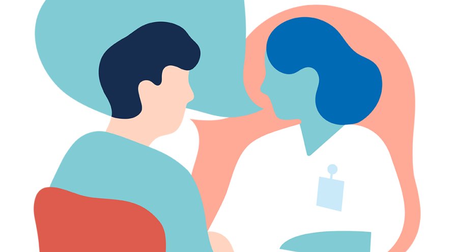 Tegnet illustrasjon: To personer i samtale, vendt mot hverandre. Den ene er helsepersonell og den andre medarbeider.
