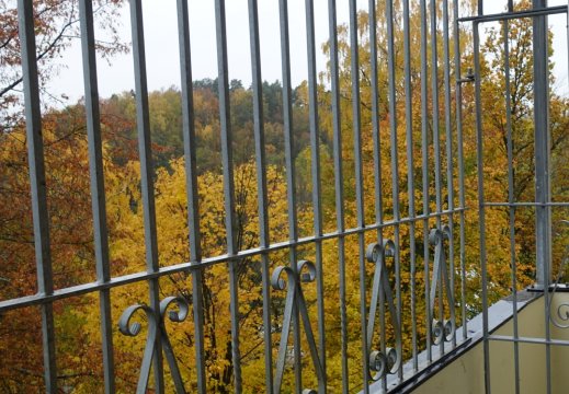 Balkong med jerngitter. Skog med høstfarger i bakgrunnen. Foto.