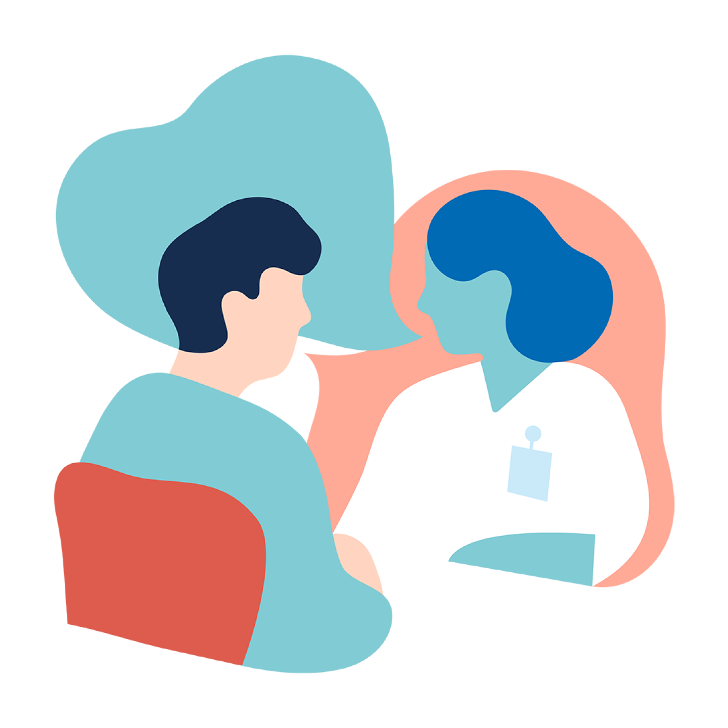 Tegnet illustrasjon: To personer i samtale, vendt mot hverandre. Den ene er helsepersonell og den andre medarbeider.