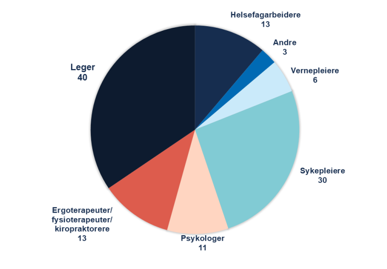 Kakediagram som viser tilbakekall fordelt på personelltyper i saker som omhandlet seksuelle relasjoner (116 i alt), fordelt slik: leger 40, Ergoterapeuter/fysioterapeuter/kiropraktorer 13, Psykologer 11, Sykepleiere 30, Vernepleiere 6, Andre 3, Helsefagarbeidere 13