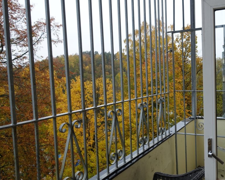 Balkong som er inngjerdet med utsikt til skog med trær i høstfargene gult, grønt og rødt. Foto: Ukom.