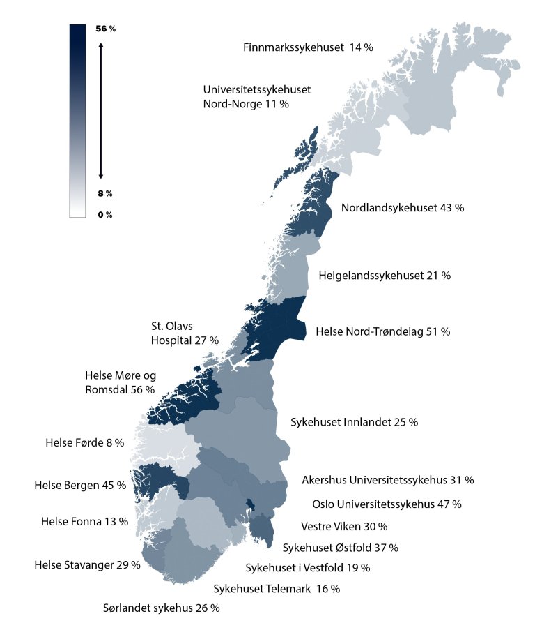 Norgeskart over avviste henvisinger til barne- og ungdomspsykiatrien fordelt på helseforetak i 2019.