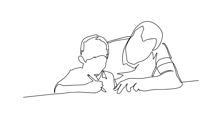 Tegning av far som hjelper sønn med leksene