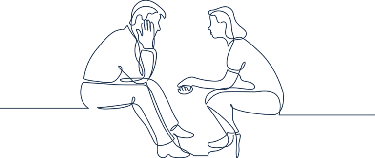Tegning av to personer som lener seg mot hverandre og prater sammen